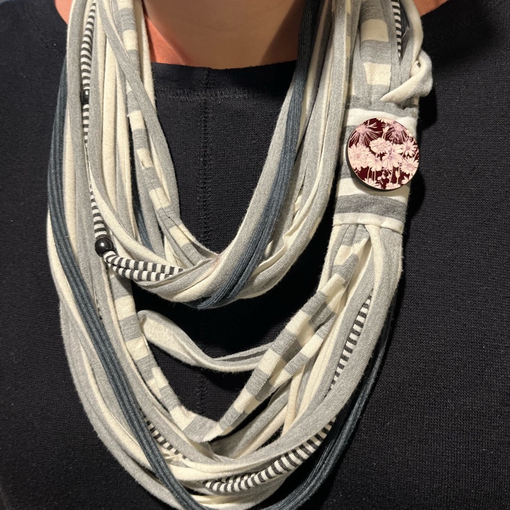 Handmade T-shirt or cotton necklace scarf, unique, accessory with floral brooch